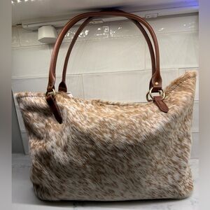 Cowhide Fur Tote Bag with Brown Leather Handles - Cream & Tan